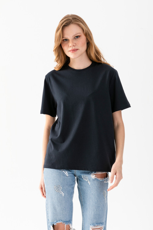 T-Shirt, Kısa Kollu Oversize T-Shirt, Pamuklu Siyah Bisiklet Yaka Oversize Tişört, Kadın Tişört.