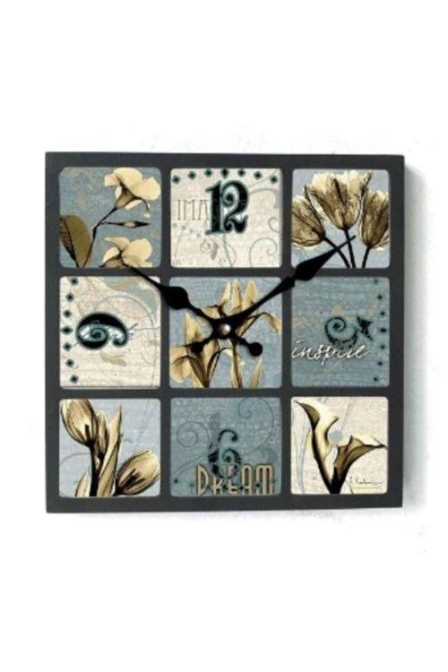 Ahşap Saatler Mb Kare Çiçek Temalı Duvar Saati 30X30X3,5 Cm | Dekoratif Ahşap Duvar Saati