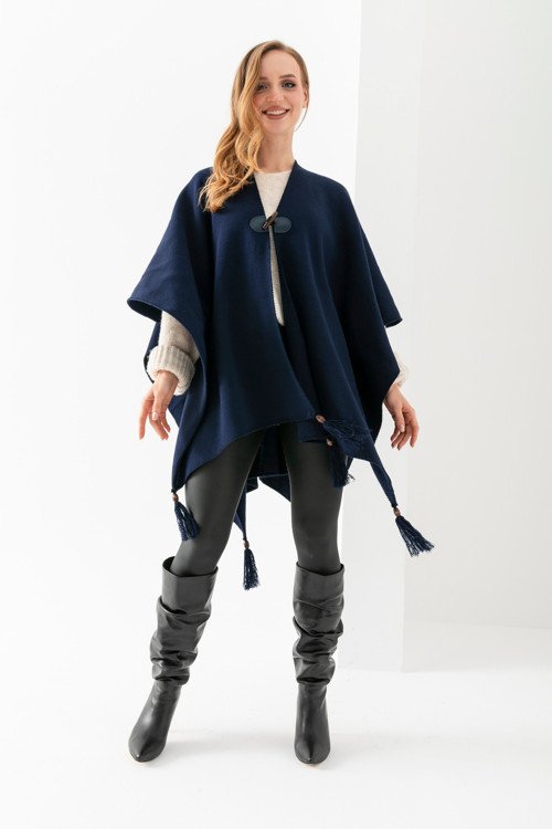 Düz Triko Balıkçı Dikişli Düğme Detaylı Şık Tasarımlı Panço, Panço, Düz Desensiz Şal Panço