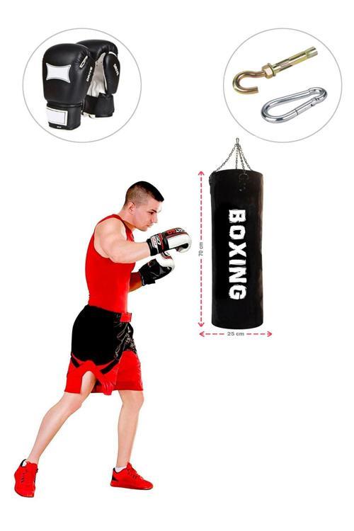 70 Cm X 25 Cm Siyah Boks Torbası Boks Eldiveni Tavan Kancası - 3' Lü Set - Dolu