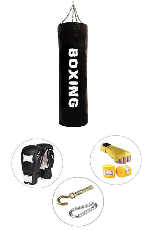 80 Cm X 30 Cm Siyah Boks Torbası + Boks Eldiveni + Boks Bandajı + Askı Aparatı - 4' Lü Set - Dolu