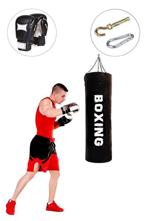 100 Cm X 35 Cm Siyah Zincirli Boks Torbası + Boks Eldiveni + Tavan Askı Aparatı - Dolu