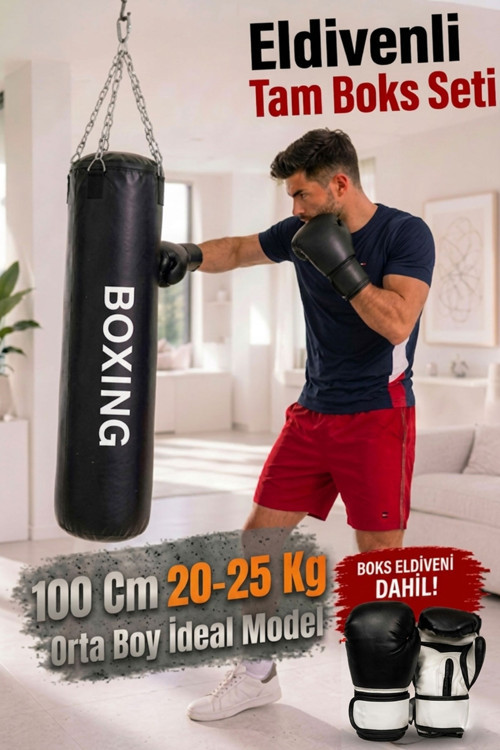 100 Cm X 35 Cm Siyah Zincirli Boks Torbası + Boks Eldiveni + Tavan Askı Aparatı - Dolu
