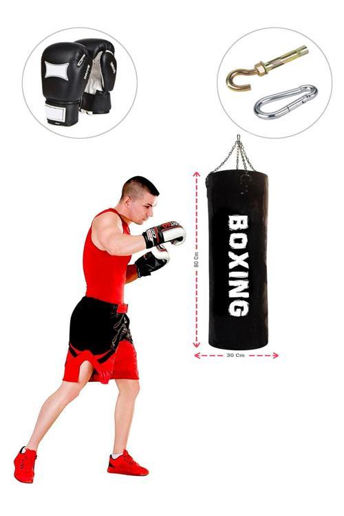 80 Cm X 30 Cm Siyah Boks Torbası Boks Eldiveni Tavan Kancası - 3' Lü Set - Dolu