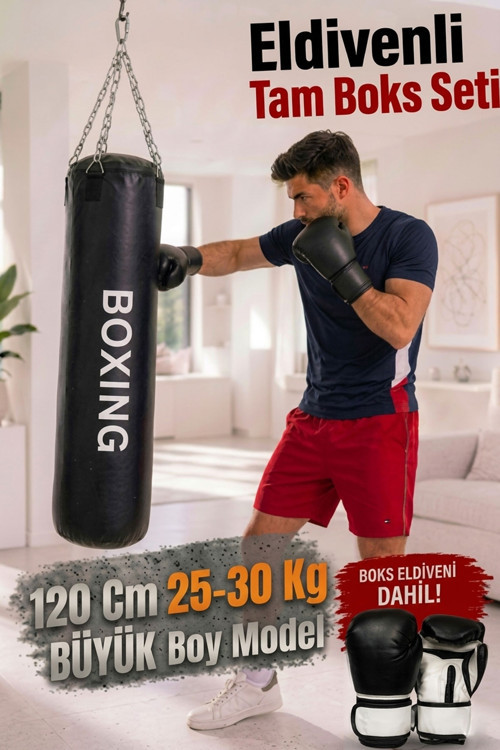 120 Cm X 35 Cm Siyah Zincirli Boks Torbası + Boks Eldiveni + Tavan Askı Aparatı - Dolu