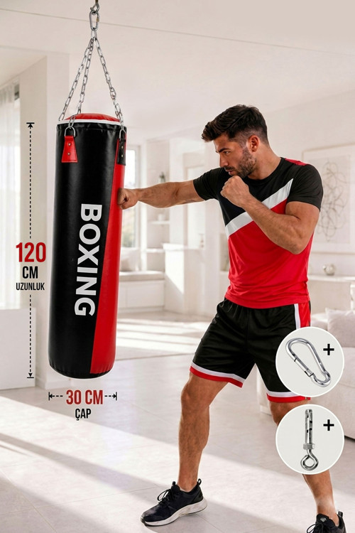 120 Cm X 32 Cm Dolu Kırmızı-Siyah Boks Torbası + Tavan Askı Kancası