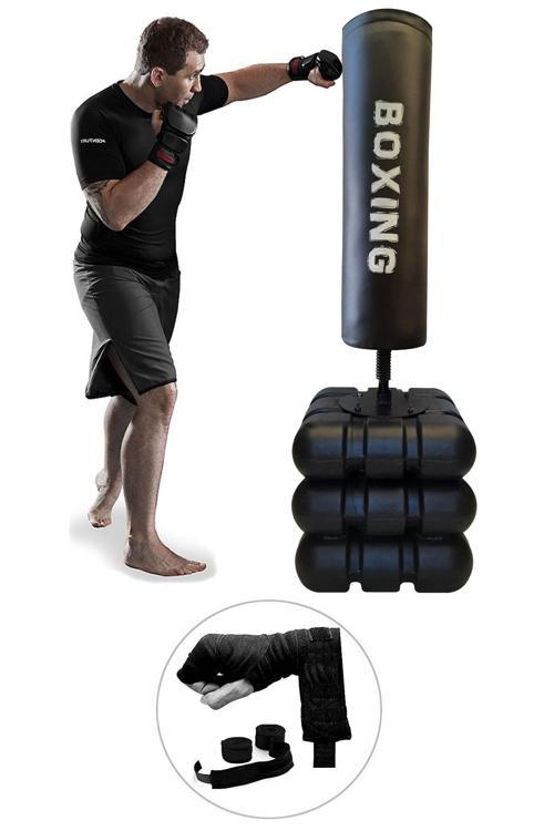 178 Cm Devrilmez Ayaklı Büyük Boks Vurma Standı + Boks El Sargı Bandajı - 2'Li Set