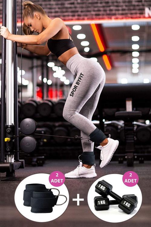 Ayak Bilek Kayışı D-Ring Fitness Ağırlık Çekiş Aparatı Ve 1 Kg Dambıl Set