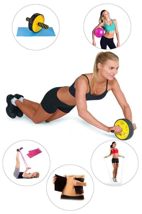 Ab-Wheel Karın Kası Tekeri + Denge Topu + Band + Atlama Ipi + Kemer - 5'Li Set