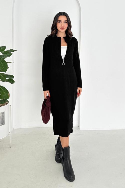 Yuvarlak Yaka Yakası Fermuarlı Uzun Kol Triko Elbise Siyah