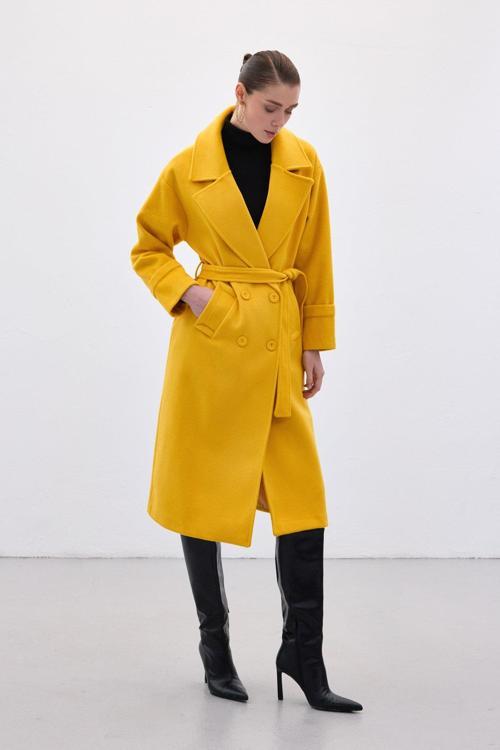 Beli Bağlamalı Uzun Kaban - Sarı