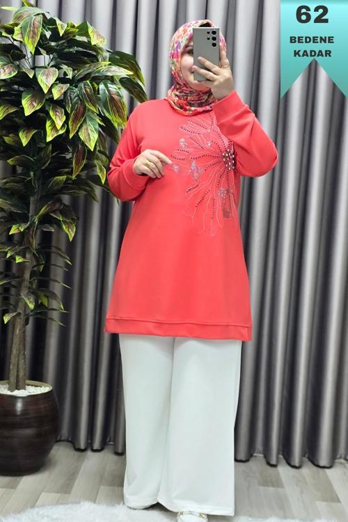 Kadın Giyim Büyük Beden Modal Taşlı Çiçekli Tunik