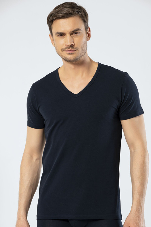 Erkek Derin V Yaka Likralı T-shirt 1306/Lacivert
