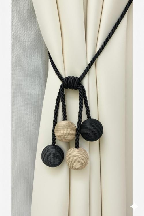 Modern Sarım 4 Toplu Braçol Kornişe Takmatik Ipli Tavan Perde Aksesuarı Siyah&Bej