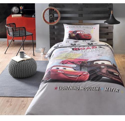 Lisanslı Fitted Çarşaflı Tek Kişilik Çocuk Nevresim Takımı-Şimşek Mcq Cars On The Road Gri