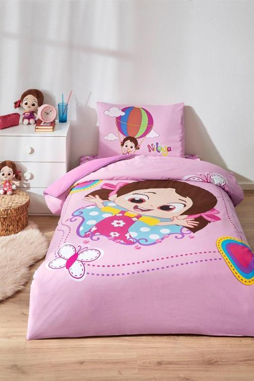 Lisanslı Fitted Çarşaflı Tek Kişilik Çocuk Nevresim Takımı-Niloya Kelebek Pembe