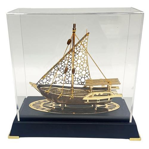 Pirinç Yelkenli Gemi Altın Kaplama Katar Dhow Teknesi Deri Kutulu 23cm No.2