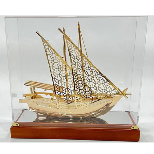 Pirinç Yelkenli Gemi Altın Kaplama Katar Dhow Teknesi Kutulu 29cm No.1