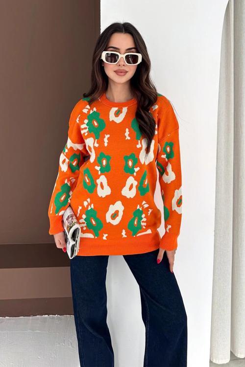 Bisiklet Yaka Uzun Kollu Çiçek Desenli Oversize Triko Kazak Turuncu