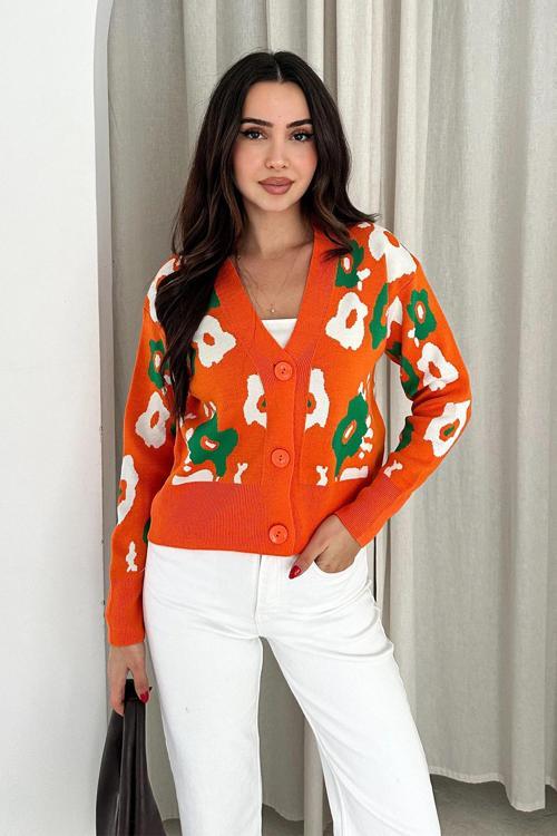 Uzun Kollu Çiçek Desenli Triko Hırka Turuncu