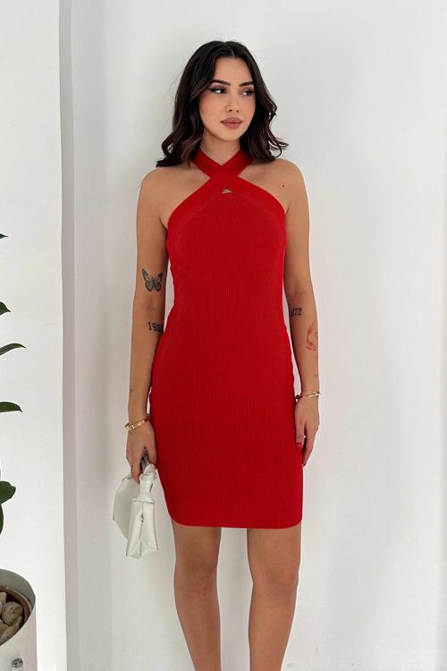 Çapraz Yaka Triko Elbise Kırmızı