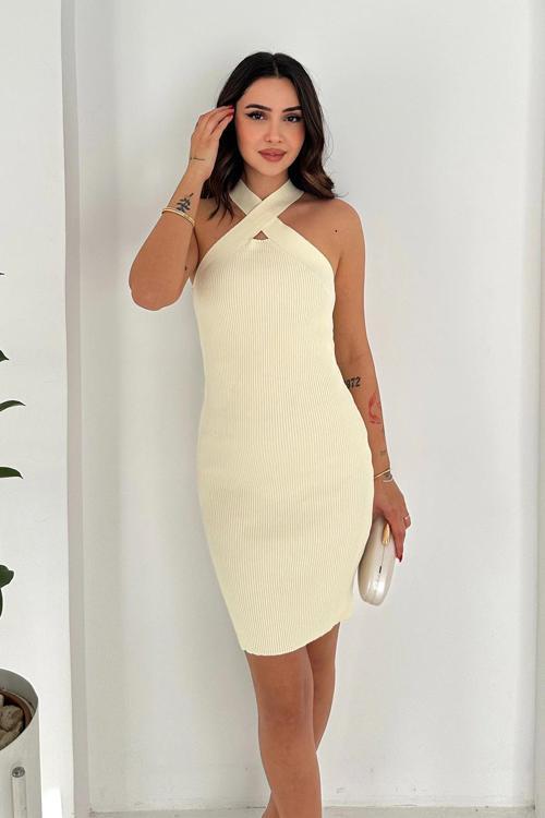 Çapraz Yaka Triko Elbise Ekru