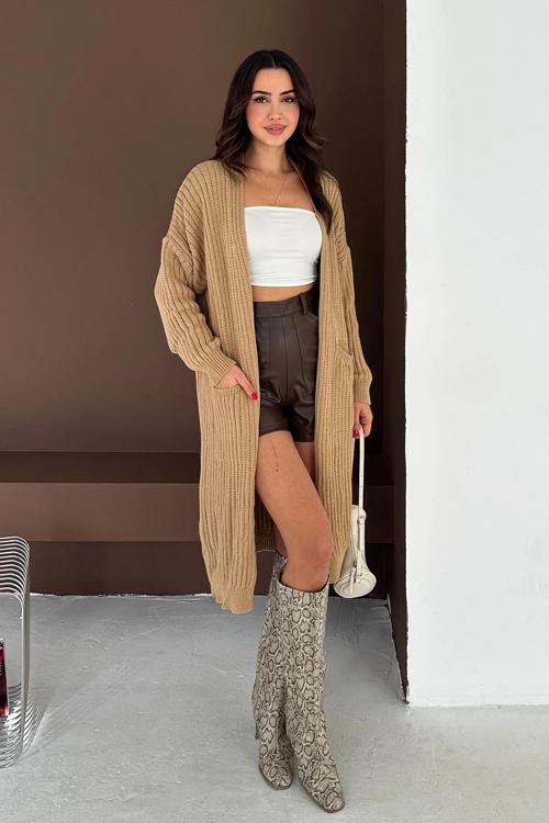 Selanik Örgü Cep Detaylı Uzun Triko Hırka Kahverengi