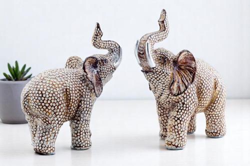 Lüks İşlemeli Simli 2li Fil Biblo Seti Vitrin Süsü Yeni Ev Ofis Hediyesi Dekoratif Obje Heykelcik 