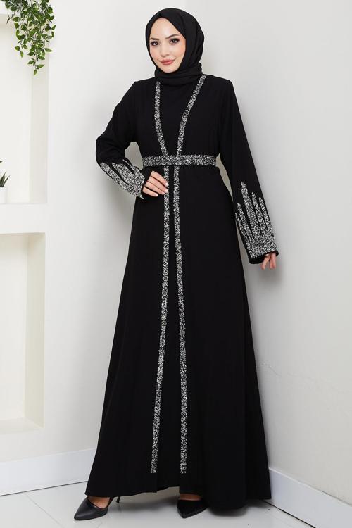 Taş Detaylı İçlikli Abaya Takım Siyah HM2858