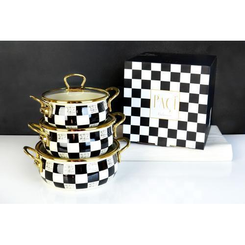 -ELİTECLAS 16/18/20 CM DAMA DESENLİ 3LÜ EMAYE TENCERE SETİ