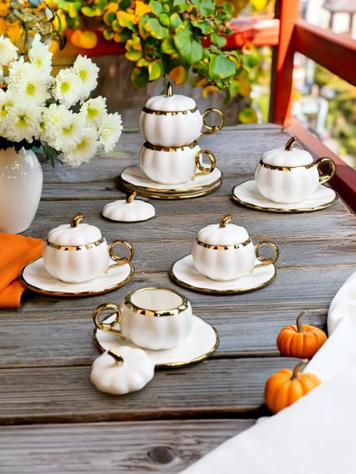 PUMPKIN Kabak Model Yaldızlı Beyaz 6’lı Türk Kahve Fincan Takımı – 100 ml