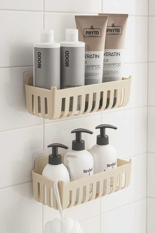 Deby 2'li Yapışkanlı Banyo Rafı Bej