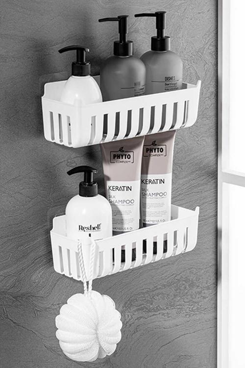 Deby 2'li Yapışkanlı Banyo Rafı Beyaz