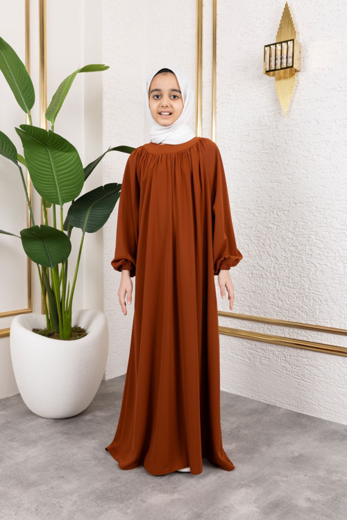 Reglan Kol Büzgülü Çocuk Elbise-Kiremit