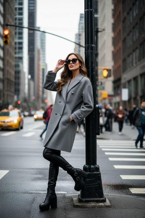 Gri Kruvaze Yaka Düğme Detaylı Kaşe Kaban