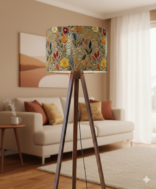 El Yapımı Sonbahar Çiçekleri Desenli Kumaş Tripod Lambader