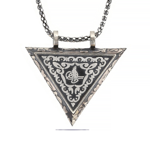 925 Ayar Gümüş Üçgen İçi Açılabilen Tuğra Muskalık Gümüş Kolye