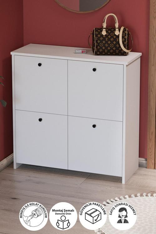 4 Kapaklı Ayakkabılık 4 Bölmeli Ayakkabılık Çok Amaçlı Dolap Tetra Beyaz