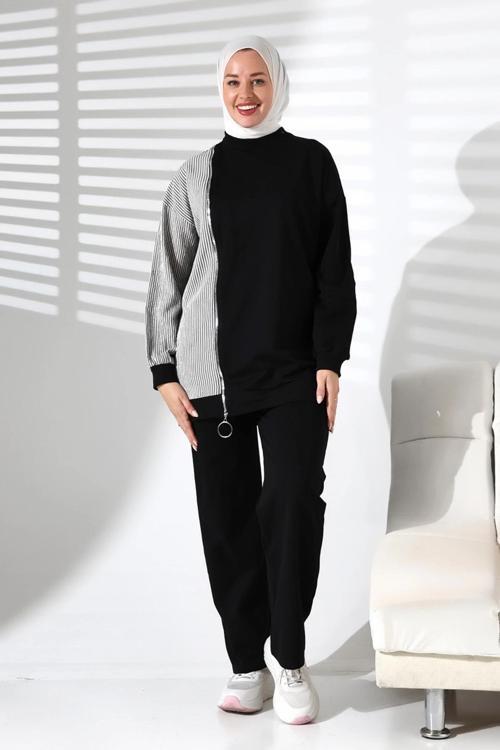 Kadın Mevsimlik Alt ve Üst Rahat Siyah Spor Tesettür Takım