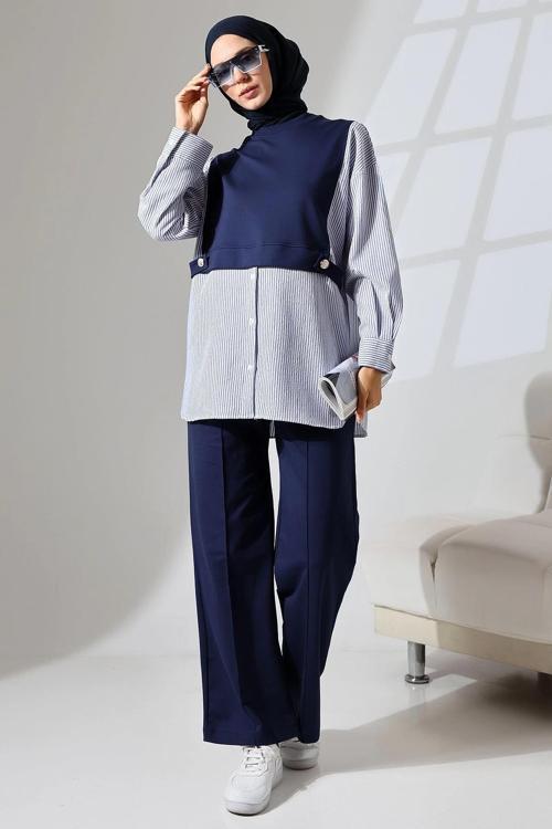 Kadın Lacivert Mevsimlik Penye Alt Üst Spor Ve Rahat Ikili Tunik Pantolon Şık Tesettür Takım