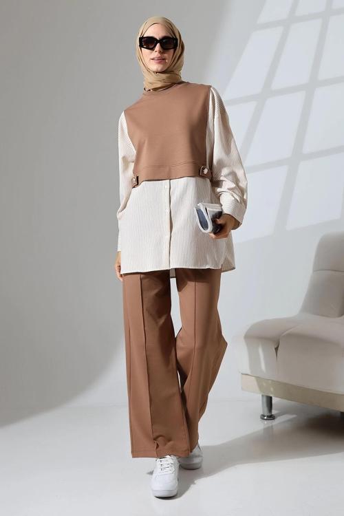Kadın Kahverengi Mevsimlik Penye Alt Üst Spor Ve Rahat Ikili Tunik Pantolon Şık Tesettür Takım