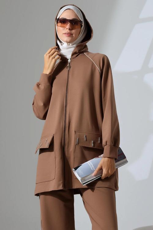 Kadın Kahverengi Mevsimlik Penye Alt Üst Spor Ve Rahat Ikili Tunik Pantolon Şık Tesettür Takım