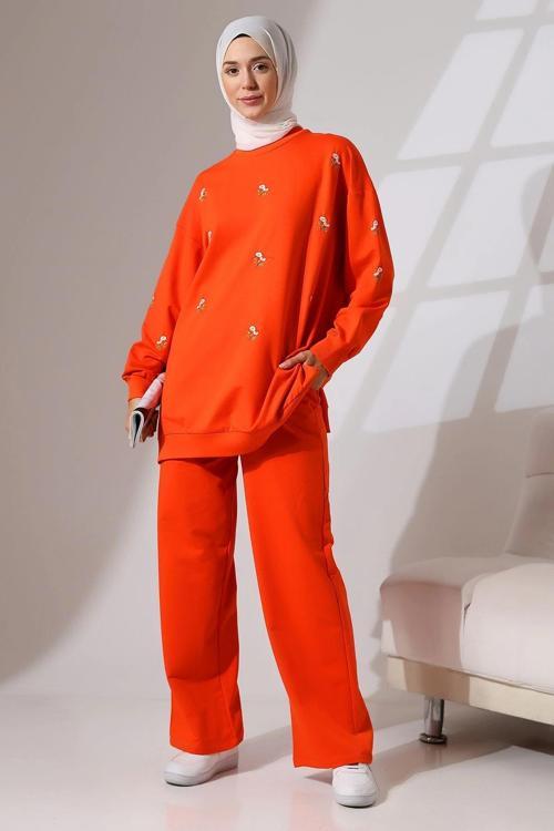 Kadın Turuncu Mevsimlik Penye Alt Üst Spor Ve Rahat Ikili Tunik Pantolon Şık Tesettür Takım