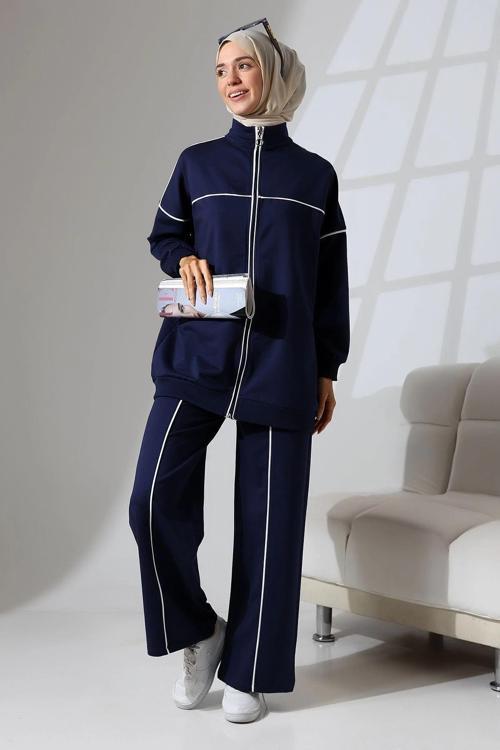 Kadın Lacivert Mevsimlik Penye Alt Üst Spor Ve Rahat Ikili Tunik Pantolon Şık Tesettür Takım