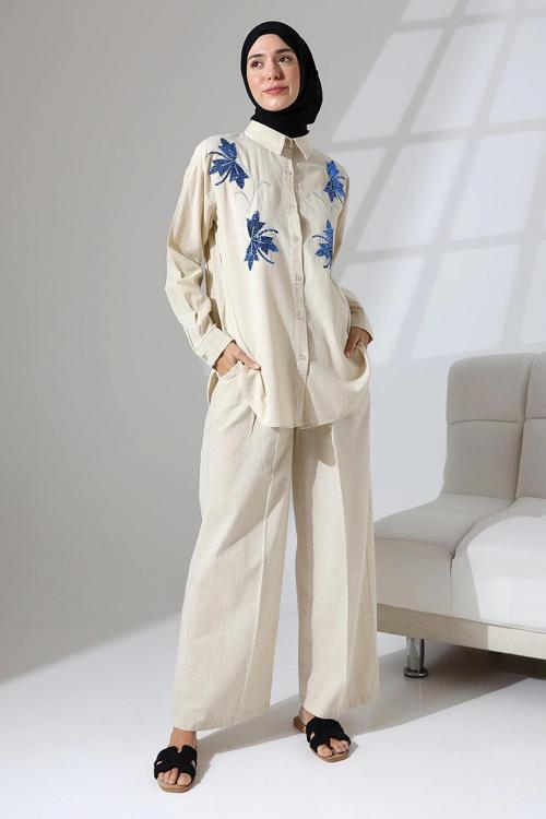 100% Pamuk Keten Günlük ve Rahat Çiçek Desen Nakışlı Pullu Gömlek Pantolon Yazlık Alt Üst Takım