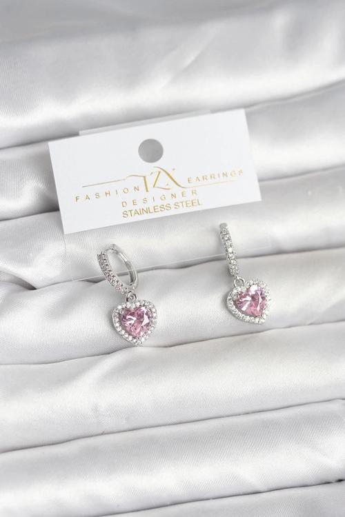 Pirinç Gümüş Pembe Renk Zirkon Taşlı Kalp Model Kadın Küpe