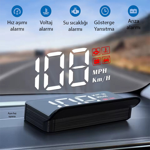 M3 HUD OBD2 Head-Up Display Dijital Hız Göstergesi E-OBD ve GPS Destekli OBD Arayüzlü - Alarmlı Ön Cam Ekran Projektör