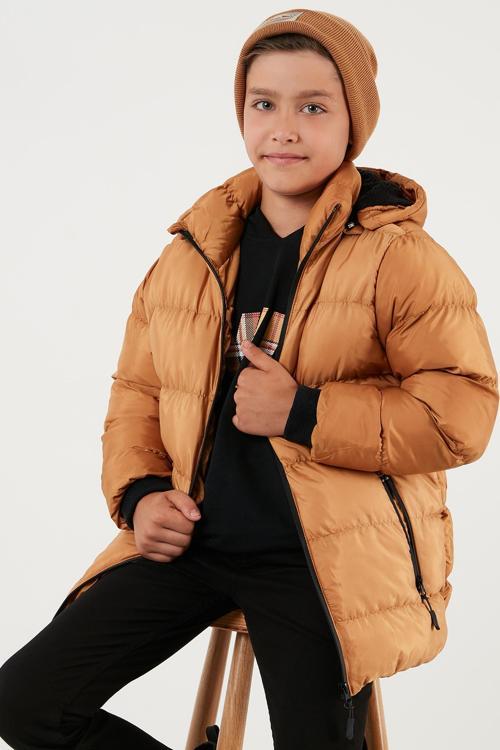 İçi Peluş Astarlı Çıkarılabilir Kapüşonlu Şişme Erkek Çocuk Mont 576220K HARDAL