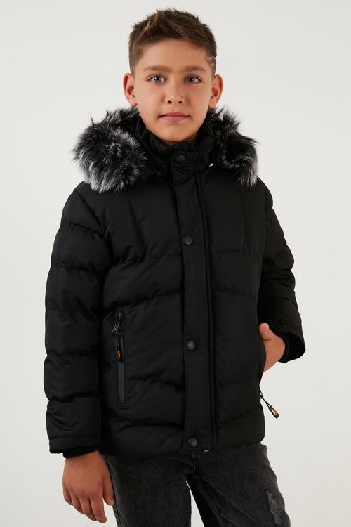 Fermuarlı Suni Kürklü Peluş Astarlı Çıkarılabilir Kapüşonlu Erkek Çocuk Mont 5760026 SİYAH