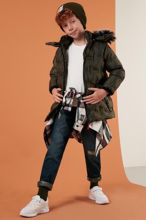 Yakası Suni Kürklü Çıkarılabilir Kapüşonlu Peluş Astarlı Erkek Çocuk Mont 5760055 HAKİ